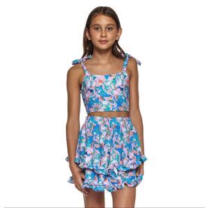LITTLE PEIXOTO Girls Ruffle Skirt Set Blue Purple floral Crop Top Matching Mediu